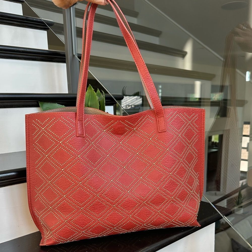 New vegan Leather Deep Orange Shoulder Tote Bag matching Pouch Fall must have
